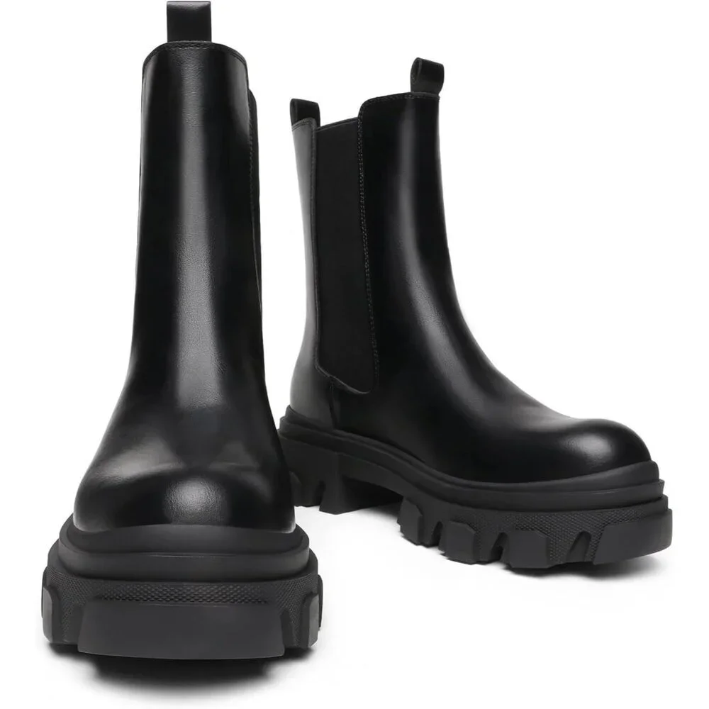 Women's Black PU Platform Chelsea Lug Sole Combat Mid Calf Slip On Ankle Boot - Picture 3 of 5